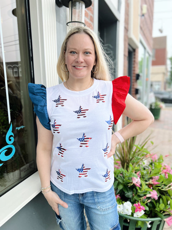 Off White Sequin Star Ruffle Sleeve Top