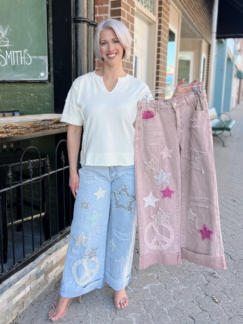 Washed Denim Pants with Distressing and Patches