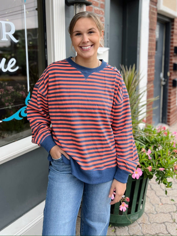 Striped Terry Cloth Side Slit Crewneck