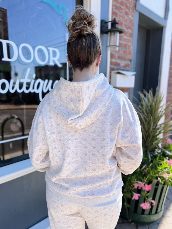 Ditzy Floral Hoodie Top With Embroidered Bows