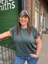 Dark Green Short Sleeve Knit W/ Leopard Contrast