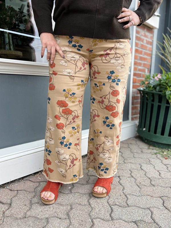 Floral Printed Washed Stretch Twill Pants