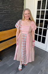Pink Plaid Cap Sleeve Patchwork Dress