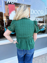 Green Puff Sleeve Eyelet Embroidered Top