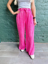 Acid Wash Fleece Pintuck Wide Leg Pants