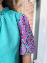 Ruffle Neck Embroidered Puff Sleeve Top