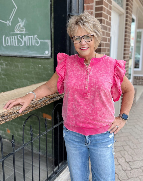 Mineral Washed Terry Cloth Top with Flutter Sleeves