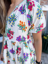 Cream and Blue Floral and Stripe Printed Dress