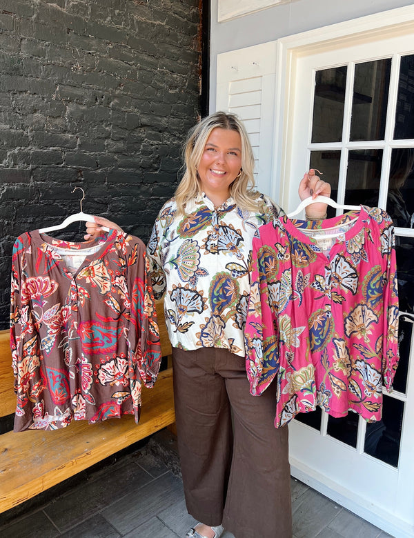 Curvy Boho Paisley Puff Sleeve Blouse