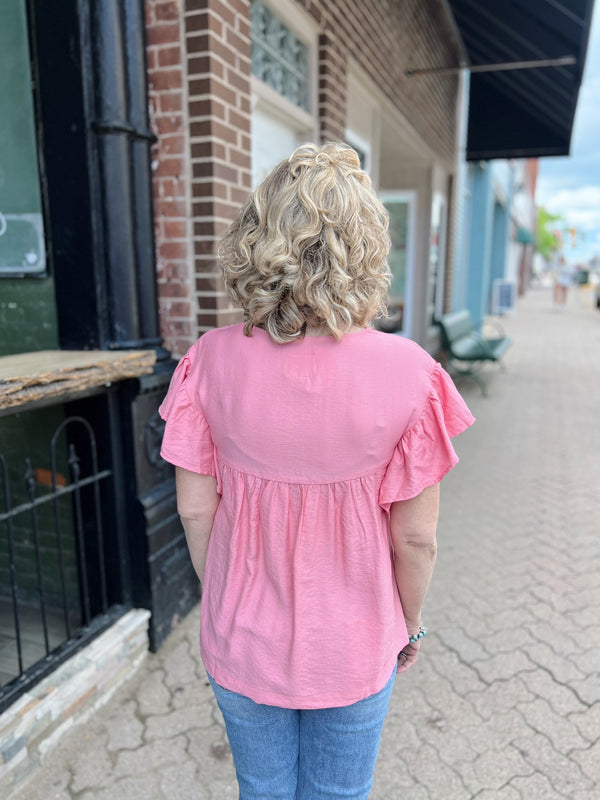 Pink V-Neck Multi Color Embroidery Ruffle Sleeve