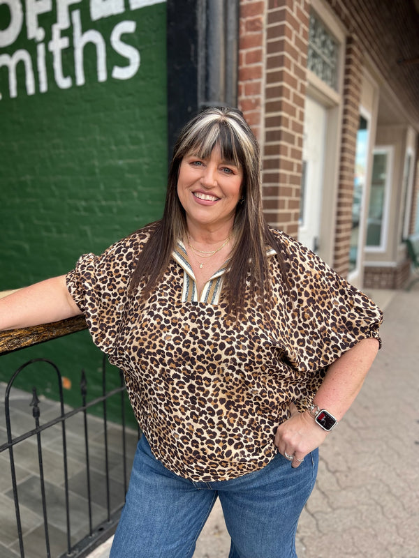 Curvy Leopard Print High Neck Elastic Sleeve Dolman Top