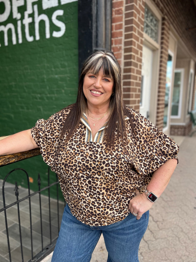 Leopard Print High Neck Elastic Sleeve Dolman Top