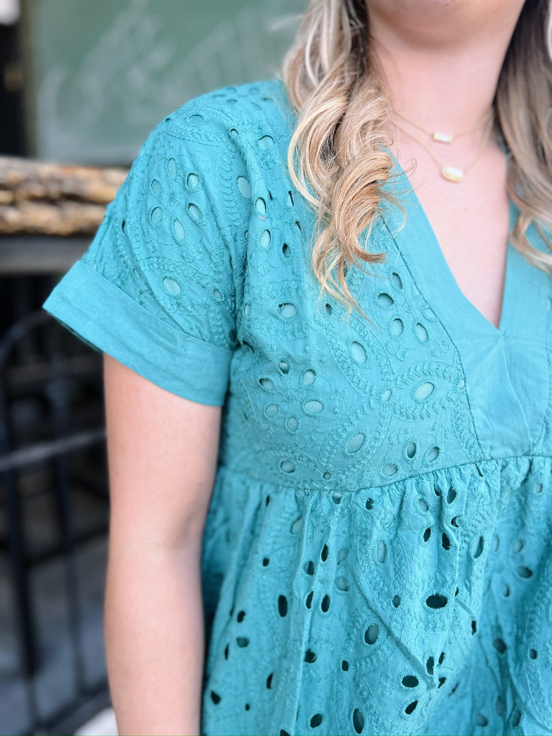 Sea Green Eyelet Ruffle Hem Dress