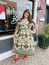 Curvy Olive 3/4 Sleeve Elastic Waist Dress