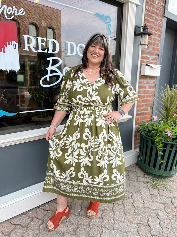 Curvy Olive 3/4 Sleeve Elastic Waist Dress