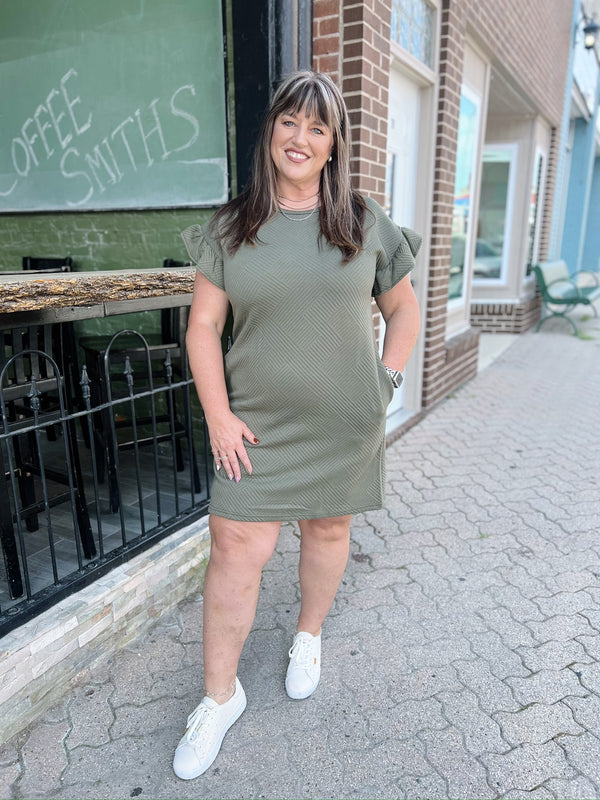 Curvy Olive Quilted Ruffle Sleeve Dress