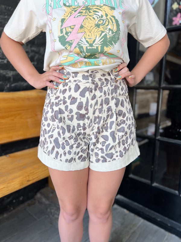 Cream Leopard Shorts With Cuff