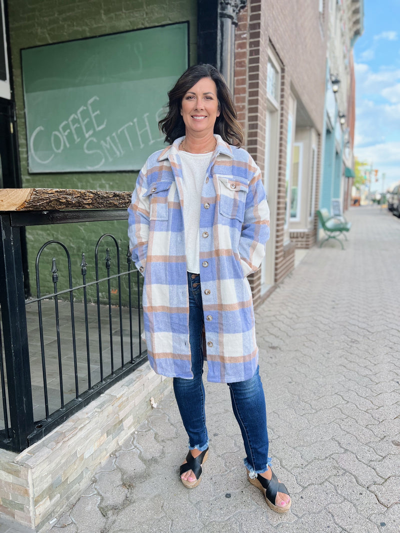 Ivory/Blue Long Plaid Shacket
