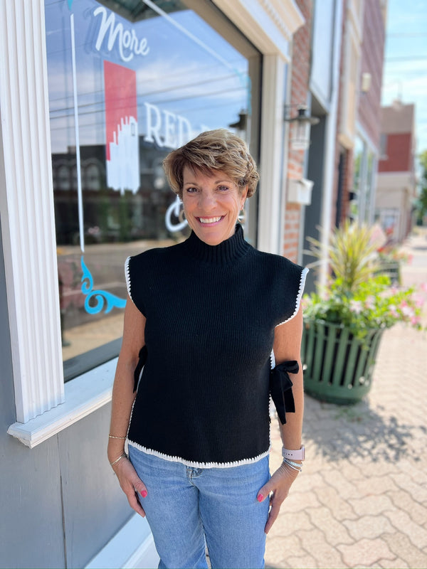Black Contrast Stitch Side Tie Sweater Top