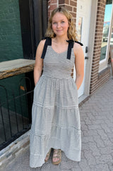 Black Striped Smocked Shoulder Tie Maxi Dress