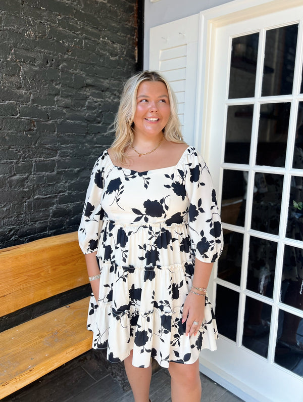 Curvy Floral Square Neck Bell Sleeve Mini Dress