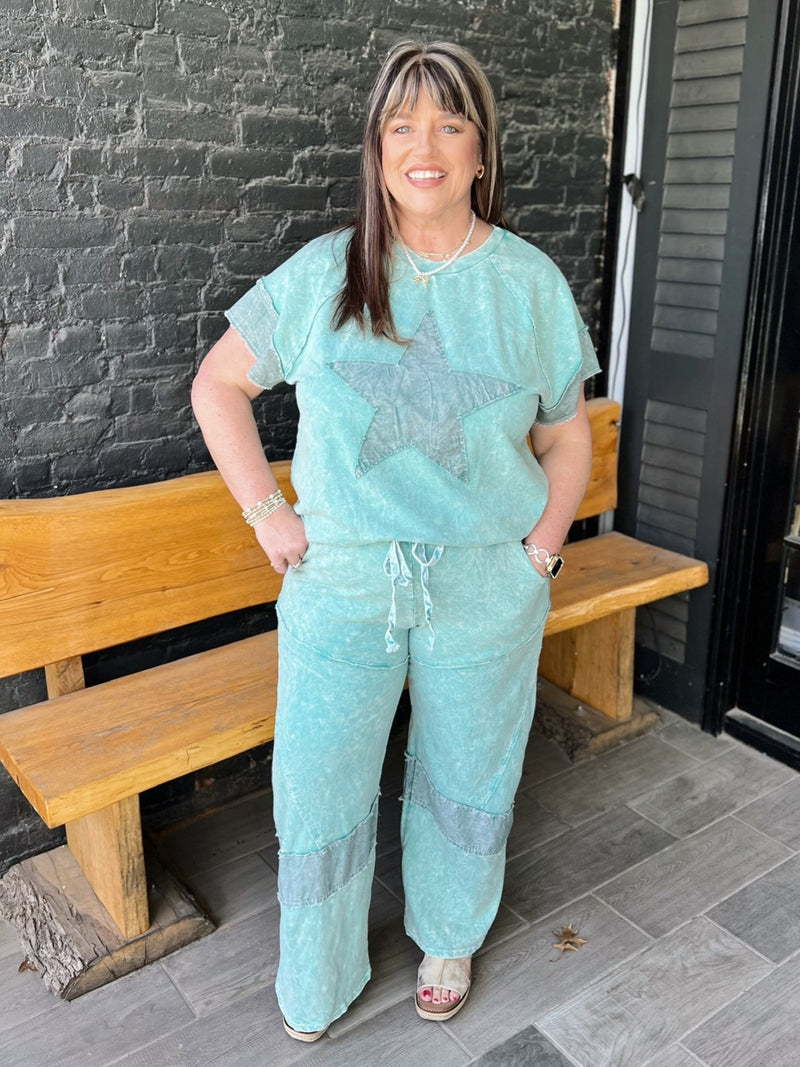 Mineral Washed Denim Patch Wide Leg Pants