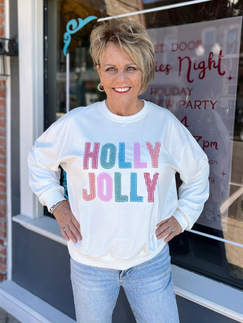 White Holly Jolly Patchwork Crewneck Long Sleeve