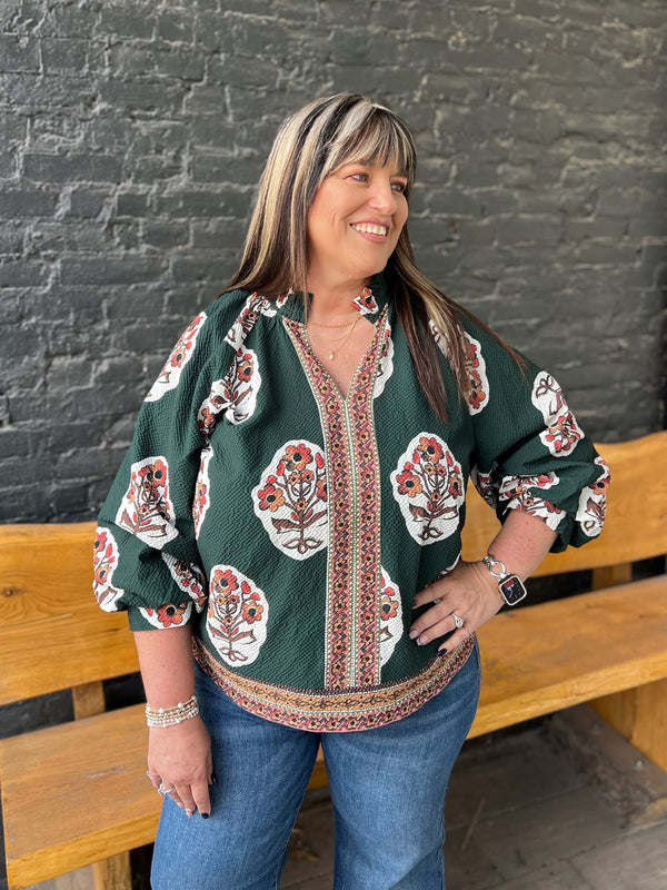 Curvy Forest Green Boho Floral Print Tunic Top
