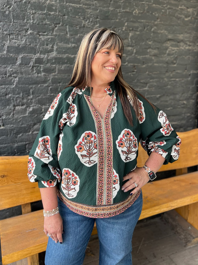 Curvy Forest Green Boho Floral Print Tunic Top
