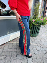 Leopard Red Trim Drawstring Waist Jeans