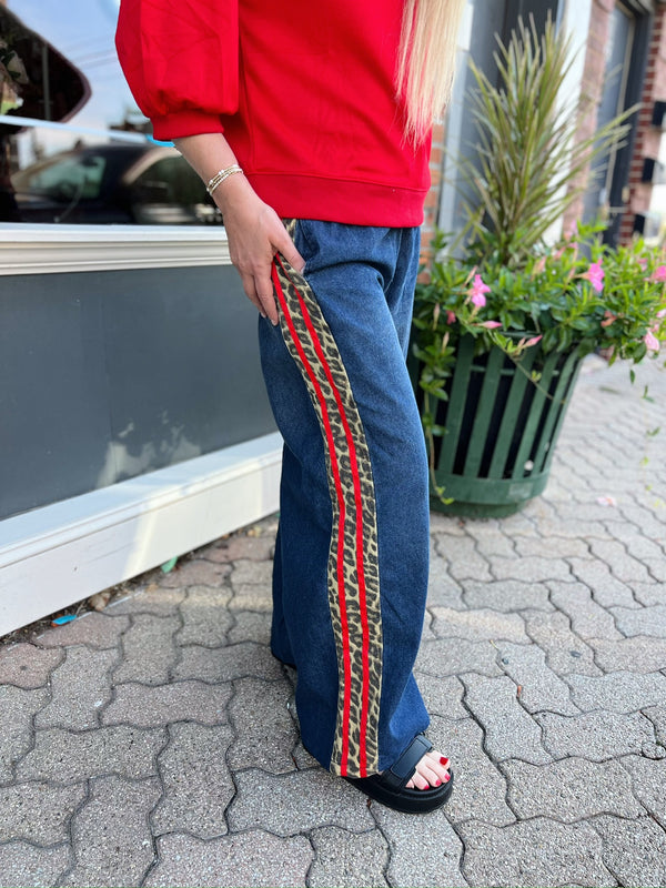 Leopard Red Trim Drawstring Waist Jeans