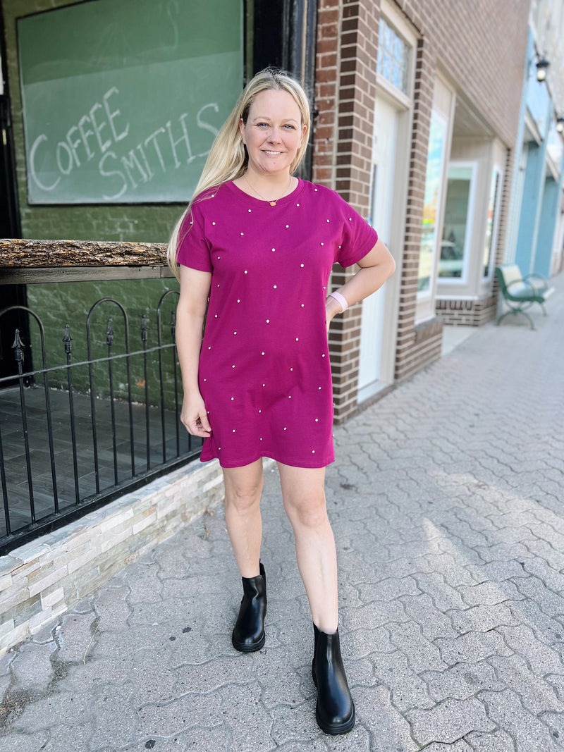 Magenta Rhinestone Tee Dress