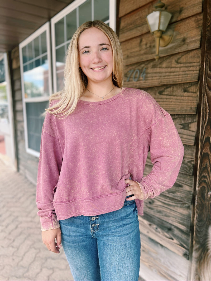 Acid wash raw hem crewneck