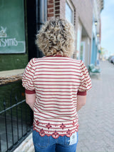 Striped Puff Sleeve Eyelet Detail Top