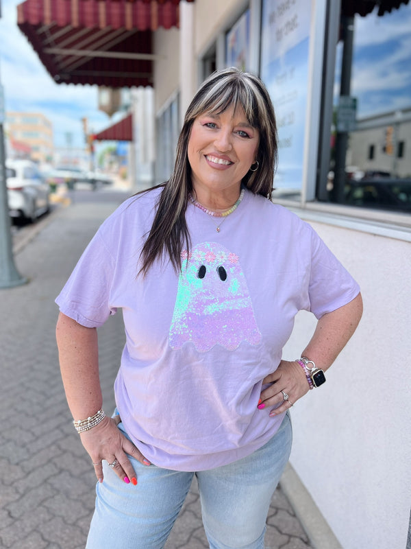 Lavender 3D Sequin Groovy Ghost Tee