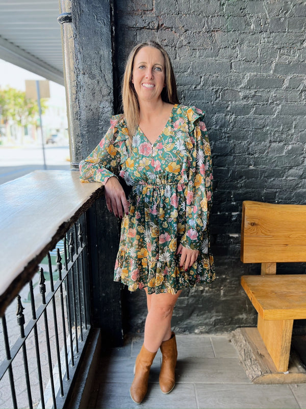 Hunter Green Bold Floral Dress