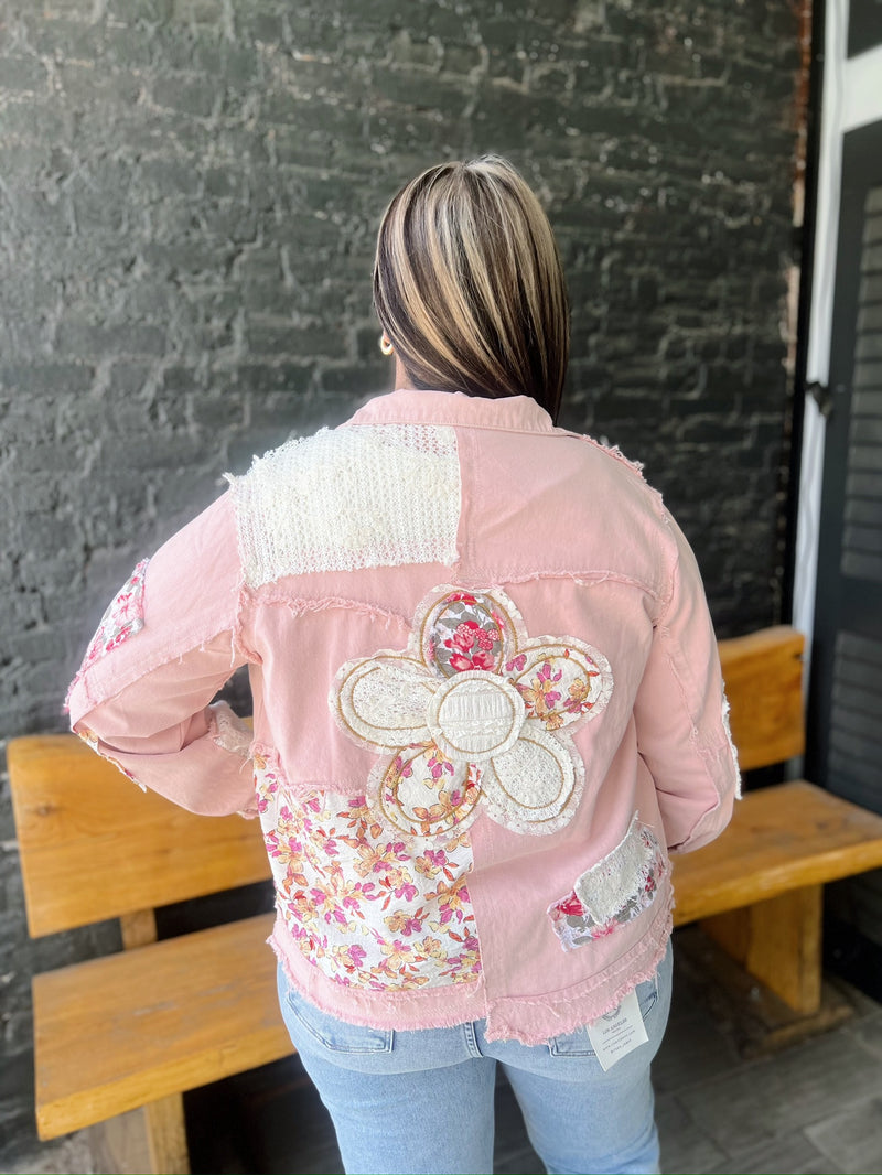 Pink Oversized Balloon Sleeve Patch Detail Denim Jacket