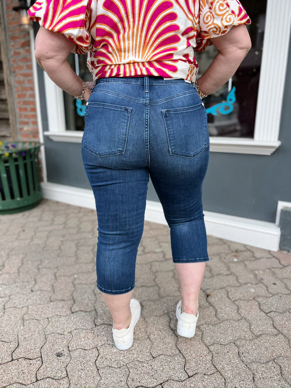 Curvy Rubie's Dark Wash Capri with Side Slit