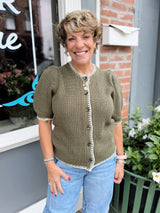 Olive Whipstitch Detail Button Front Short Sleeve Sweater