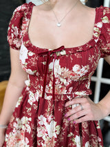 Floral Ruffle Trim Velvet Front Tie Mini Dress