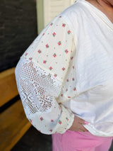 Curvy Off White Lace With Floral Balloon Sleeve Top