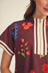 Floral Rib Band Trimed Front Zip Top