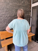Curvy Dusty Teal 3/4 Button Henley Top