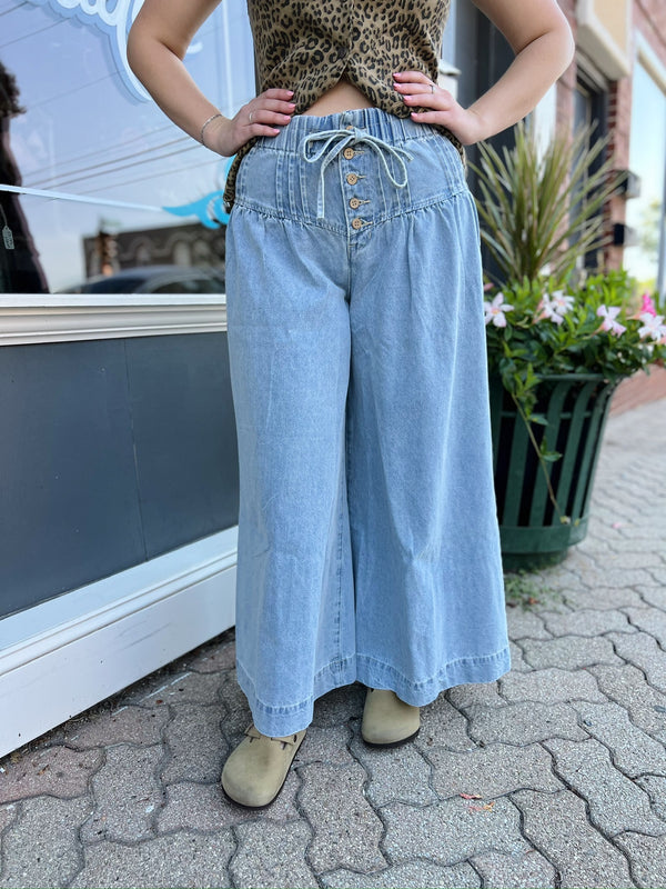Wide Leg Jeans With Button and Drawstrings