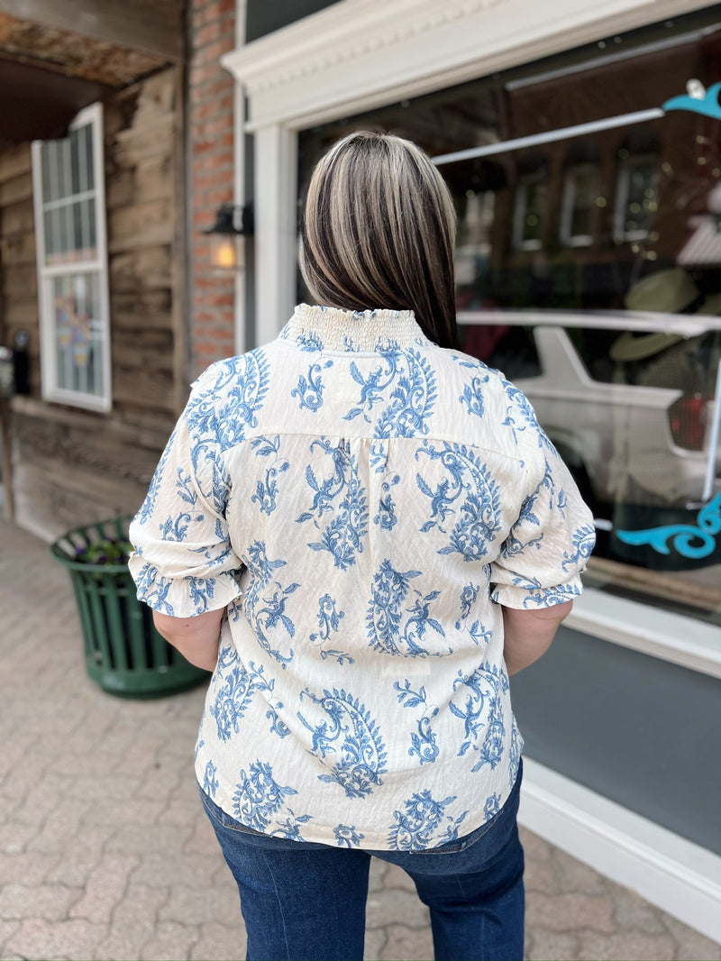 Curvy Blue & White Mix Print V-Neck Shirt