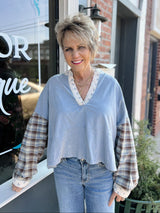 Mineral Wash Floral Trim and Plaid Contrast Top