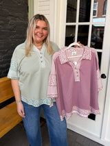 Curvy Floral Half Button Down Collared Top