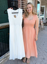 Sweetheart Smocked Mock Button Dress