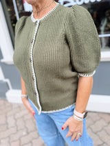 Olive Whipstitch Detail Button Front Short Sleeve Sweater