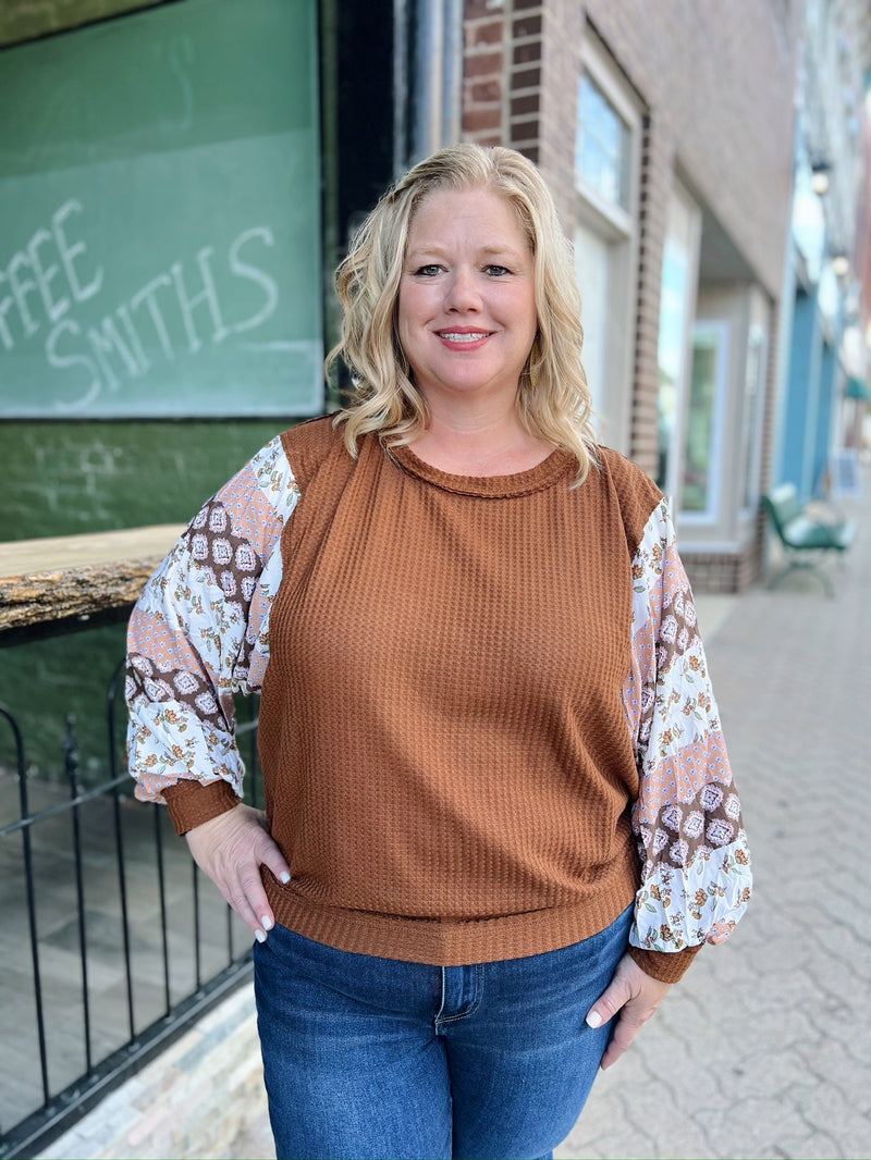 Curvy Brown Paisley Print Sleeve Top